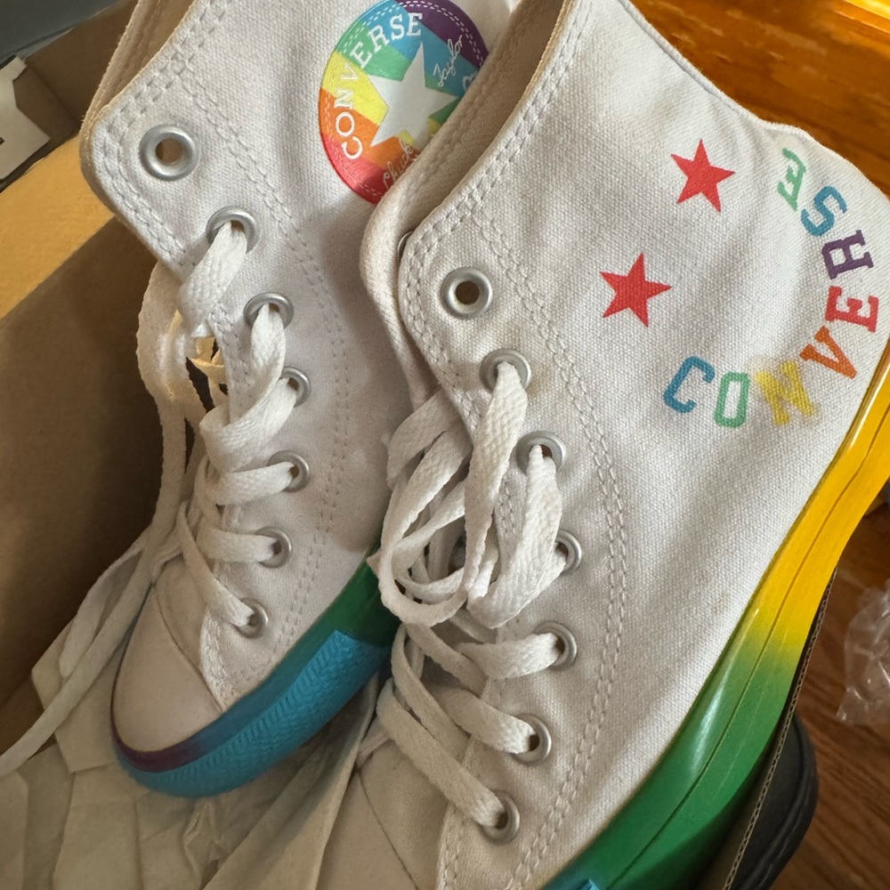Converse White High-Tops with Rainbow Soles